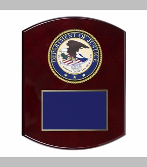 8 x 10 Inch Piano Finish Rose Wood Plaque With 4 Inch Department of Justice Medallion Insert