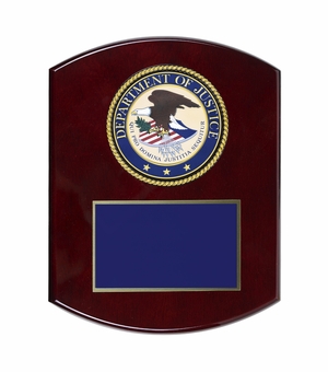  8 x 10 Inch Piano Finish Rose Wood Plaque With 4 Inch Department of Justice Medallion Insert