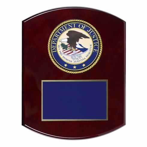  8 x 10 Inch Piano Finish Rose Wood Plaque With 4 Inch Department of Justice Medallion Insert