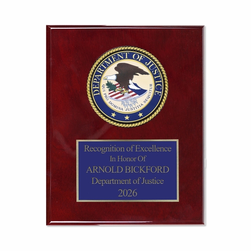 8 x 10 Inch Piano Finish Rose Wood Plaque With 4 Inch Department of Justice Medallion Insert