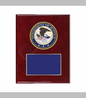 8 x 10 Inch Piano Finish Rose Wood Plaque With 4 Inch Department of Justice Medallion Insert