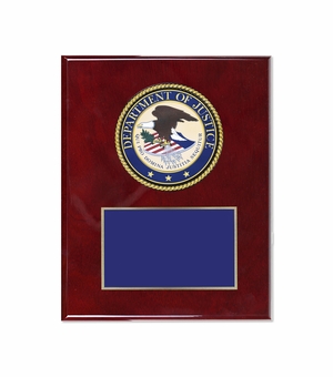 8 x 10 Inch Piano Finish Rose Wood Plaque With 4 Inch Department of Justice Medallion Insert