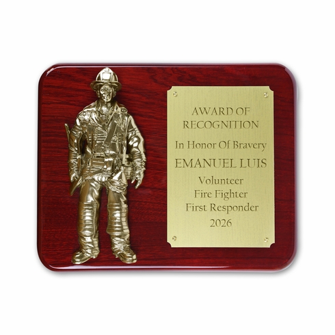 8 x 10 Inch Piano Finish Rosewood Fire Fighter Plaque with Electroplated Brass Figure & Matte Gold Engraving Plate