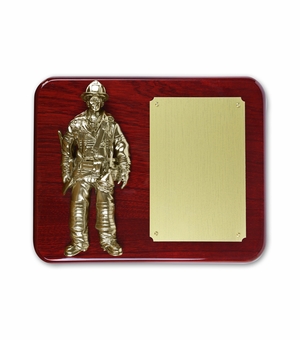 8 x 10 Inch Piano Finish Rosewood Fire Fighter Plaque with Electroplated Brass Figure & Matte Gold Engraving Plate