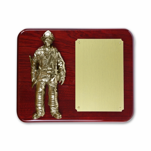 8 x 10 Inch Piano Finish Rosewood Fire Fighter Plaque with Electroplated Brass Figure & Matte Gold Engraving Plate