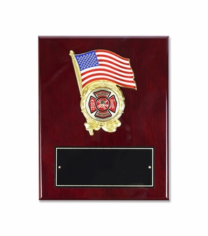 8 x 10 Inch Piano Finish Rosewood Plaque with American Flag and 2 inch Fire Department Medallion Insert