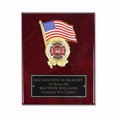 8 x 10 Inch Piano Finish Rosewood Plaque with American Flag and 2 inch Fire Department Medallion Insert