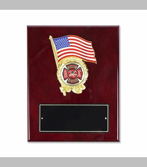 8 x 10 Inch Piano Finish Rosewood Plaque with American Flag and 2 inch Fire Department Medallion Insert
