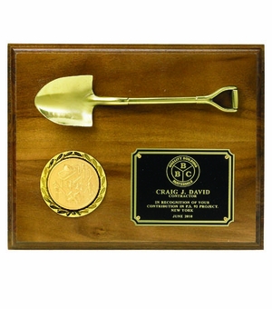 8 X 10 INCH PLAQUE WALNUT FINISH WITH METAL SHOVEL, HOLDS 2 INCH INSERT