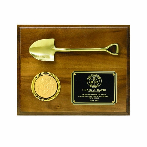 8 X 10 INCH PLAQUE WALNUT FINISH WITH METAL SHOVEL, HOLDS 2 INCH INSERT