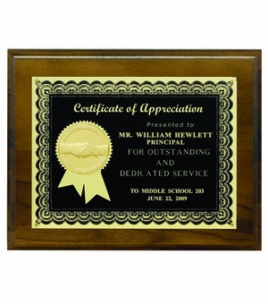 8 X 10 INCH PLAQUE WITH BLACK SCREENED PLATE, 2 INCH MEDALLION INSERT