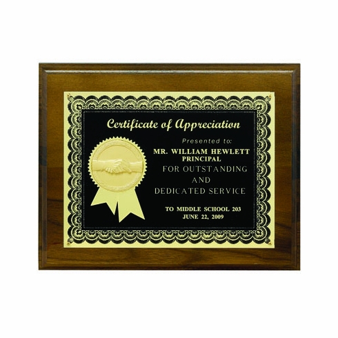 8 X 10 INCH PLAQUE WITH BLACK SCREENED PLATE, 2 INCH MEDALLION INSERT