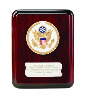 8 X 10 INCH ROSEWOOD PLAQUE WITH 4 INCH CAST STONE MEDALLION