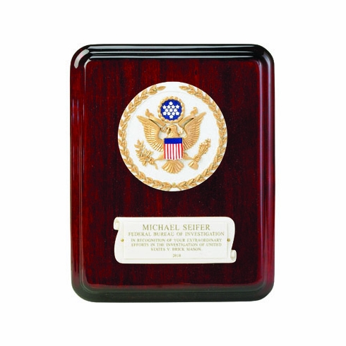 8 X 10 INCH ROSEWOOD PLAQUE WITH 4 INCH CAST STONE MEDALLION