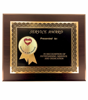 8 X 10 INCH SERVICE IS OUR PASSION AWARD PLAQUE WITH 2 " ETCHED ENAMEL BRASS MEDALLION