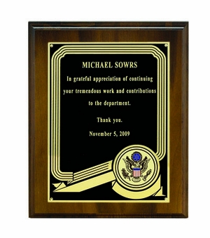8 X 10 INCH WALNUT FINISH PLAQUE, BLACK PLATE, TAKES 2 INCH INSERT