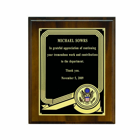 8 X 10 INCH WALNUT FINISH PLAQUE, BLACK PLATE, TAKES 2 INCH INSERT