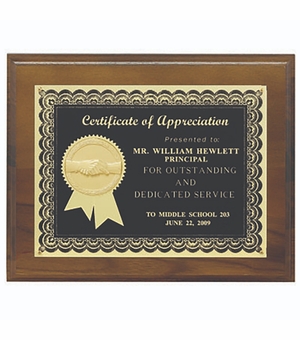 8 x 10 Inch Walnut Finish Plaque with Black Plate, Gold Ribbon, and Trim-Takes 2 Inch Insert