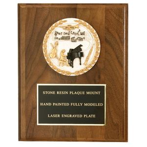8 X 10 INCH WALNUT FINISH PLAQUE WITH CAST STONE MEDALLION, BLACK PLATE