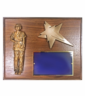 8 X 10 INCH WALNUT FINISHED NURSE PLAQUE WITH STAR AND BLUE SCREENED BRASS PLATE