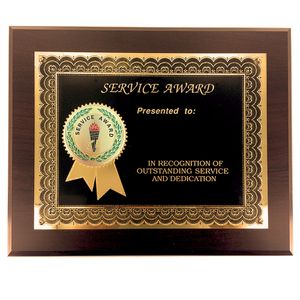 8 X 10 INCH YEARS OF SERVICE AWARD PLAQUE WITH 2 " ETCHED ENAMEL BRASS MEDALLION
