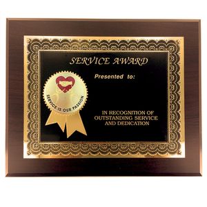 8 X 10 INCH SERVICE IS OUR PASSION AWARD PLAQUE WITH 2 " ETCHED ENAMEL BRASS MEDALLION