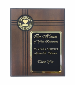 8" x 10" WALNUT RETIREMENT PLAQUE WITH 2" ETCHED ENAMEL MEDALLION WITH BLACK SCREEN ENGRAVING