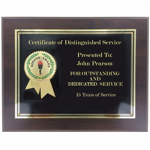 8 x 10" YEARS OF SERVICE PLAQUE 2" ETCHED BRASS MEDALLION ON BLACK SCREEN PLATE