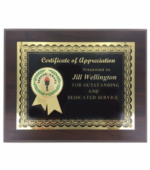 8 x 10" YEARS OF SERVICE PLAQUE 2" ETCHED BRASS MEDALLION ON BLACK SCREEN PLATE
