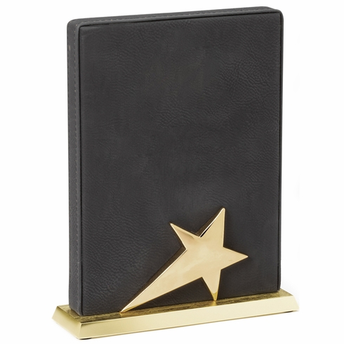  8 x 5-1/2 INCH BLACK LEATHERETTE STAR TROPHY ON METAL BASE