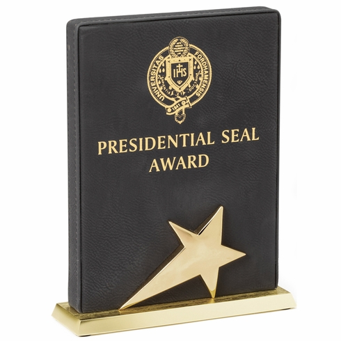  8 x 5-1/2 INCH BLACK LEATHERETTE STAR TROPHY ON METAL BASE