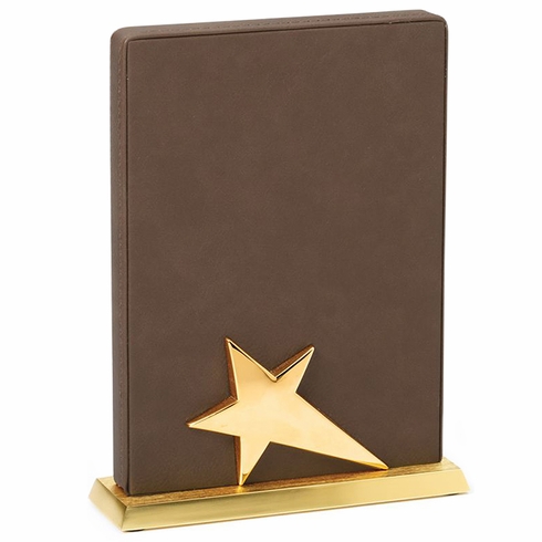  8 x 5-1/2 INCH BROWN LEATHERETTE STAR TROPHY ON METAL BASE
