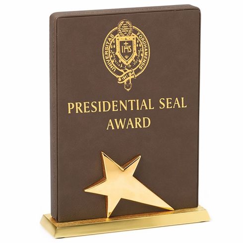  8 x 5-1/2 INCH BROWN LEATHERETTE STAR TROPHY ON METAL BASE