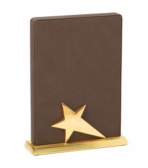  8 x 5-1/2 INCH BROWN LEATHERETTE STAR TROPHY ON METAL BASE