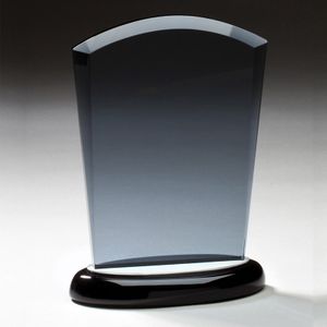 8 INCH SMOKED GLASS AWARD ON BLACK BASE WITH ALUMINUM ACCENTS