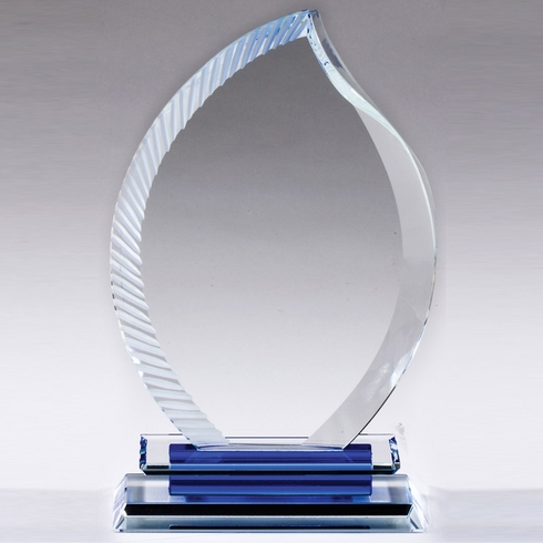 8 X 5 INCH OPTICAL CRYSTAL FLAME AWARD WITH SERRATED EDGE BLUE BASE.