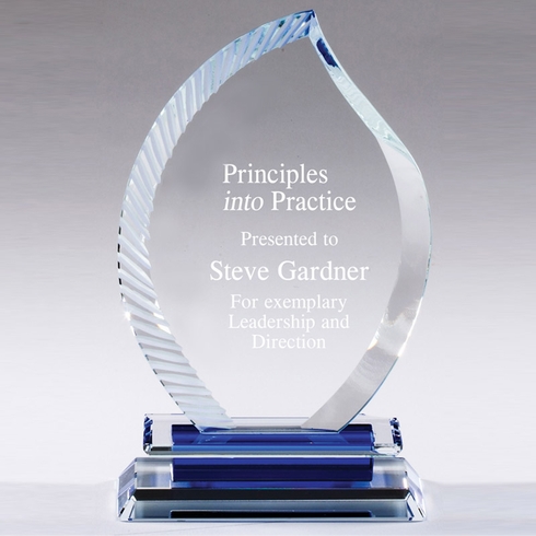 8 X 5 INCH OPTICAL CRYSTAL FLAME AWARD WITH SERRATED EDGE BLUE BASE.