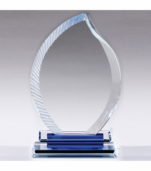 8 X 5 INCH OPTICAL CRYSTAL FLAME AWARD WITH SERRATED EDGE BLUE BASE.