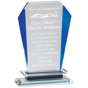 8 x 5 INCH OPTICAL CRYSTAL SLANTED TOWER WITH BLUE ACCENTED SIDE