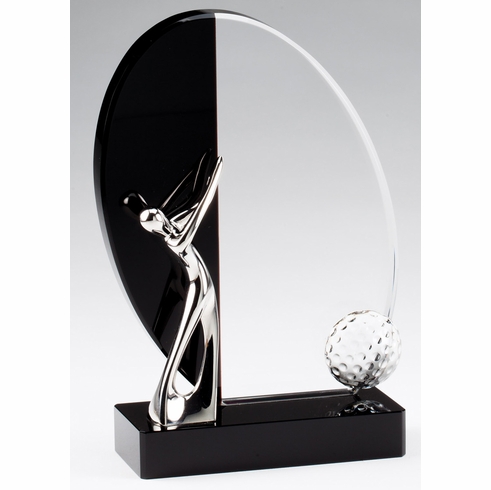 8"x 5" METAL SILVER GOLFER MOUNTED ON BLACK AND CLEAR CRYSTAL 