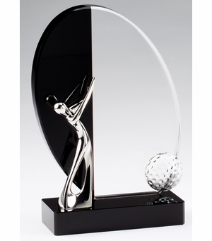 8"x 5" METAL SILVER GOLFER MOUNTED ON BLACK AND CLEAR CRYSTAL