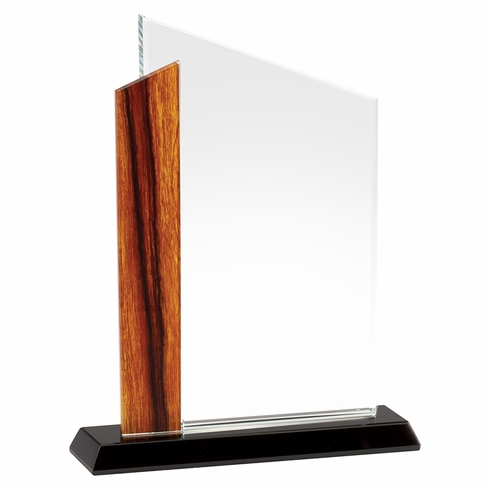 8 x 6-1/4 INCH OPTICAL CRYSTAL AWARD WITH BEVELED EDGES AND WOOD GRAIN ACCENT ON BLACK BASE