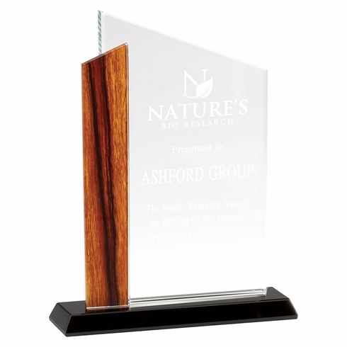 8 x 6-1/4 INCH OPTICAL CRYSTAL AWARD WITH BEVELED EDGES AND WOOD GRAIN ACCENT ON BLACK BASE