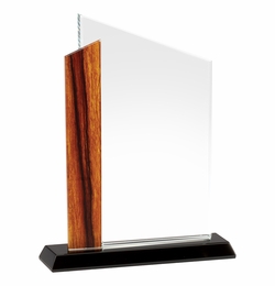 8 x 6-1/4 INCH OPTICAL CRYSTAL AWARD WITH BEVELED EDGES AND WOOD GRAIN ACCENT ON BLACK BASE