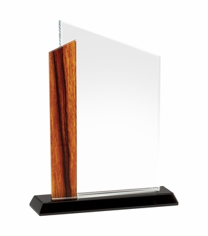 8 x 6-1/4 INCH OPTICAL CRYSTAL AWARD WITH BEVELED EDGES AND WOOD GRAIN ACCENT ON BLACK BASE