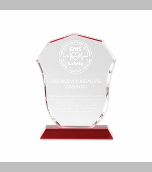 8 x 6 Inch Crystal Shield Trophy With Red Base For Police Or Fire Fighter