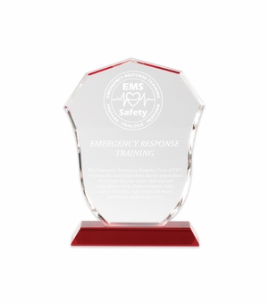 8 x 6 Inch Crystal Shield Trophy With Red Base For Police Or Fire Fighter