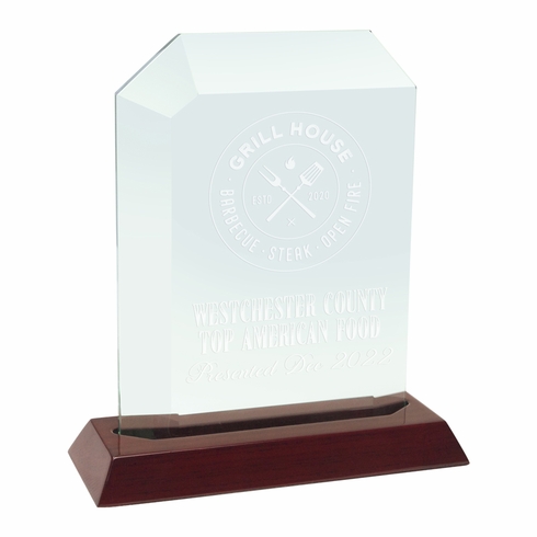 8 X 7-1/2 INCH JADE GLASS BEVELED ARCH AWARD ON ROSEWOOD PIANO FINISH BASE