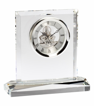 8 x 8 INCH OPTICAL CRYSTAL ELEGANT SQUARE SKELETON QUARTZ DESK CLOCK ON BASE