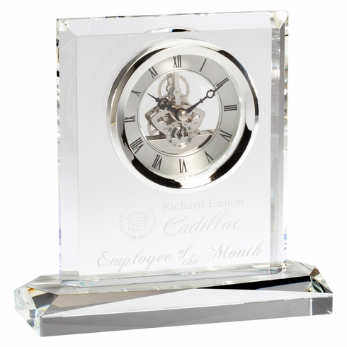 8 x 8 INCH OPTICAL CRYSTAL ELEGANT SQUARE SKELETON QUARTZ DESK CLOCK ON BASE